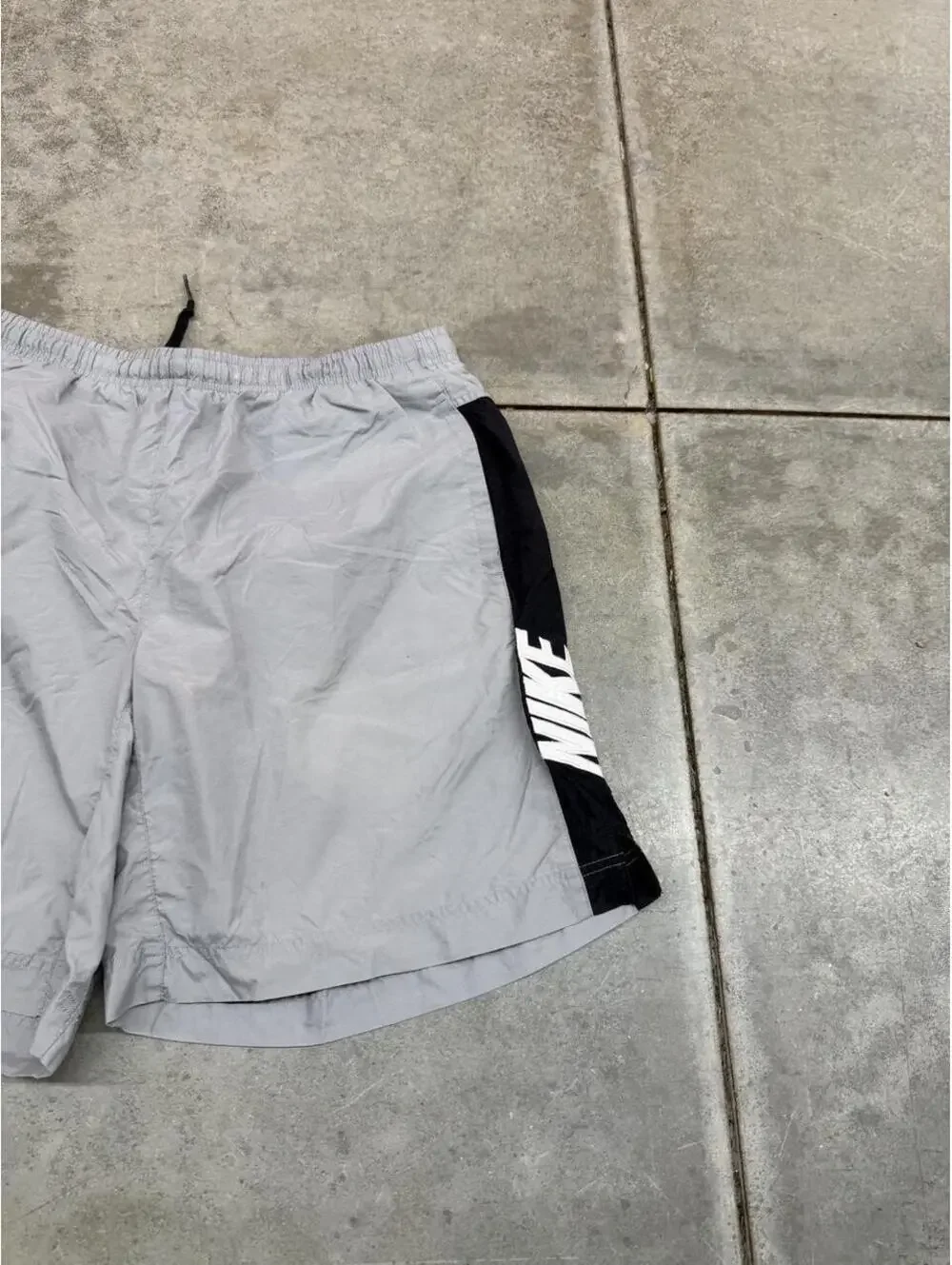 vintage nike grey and black spell out nylon gym shorts size xl